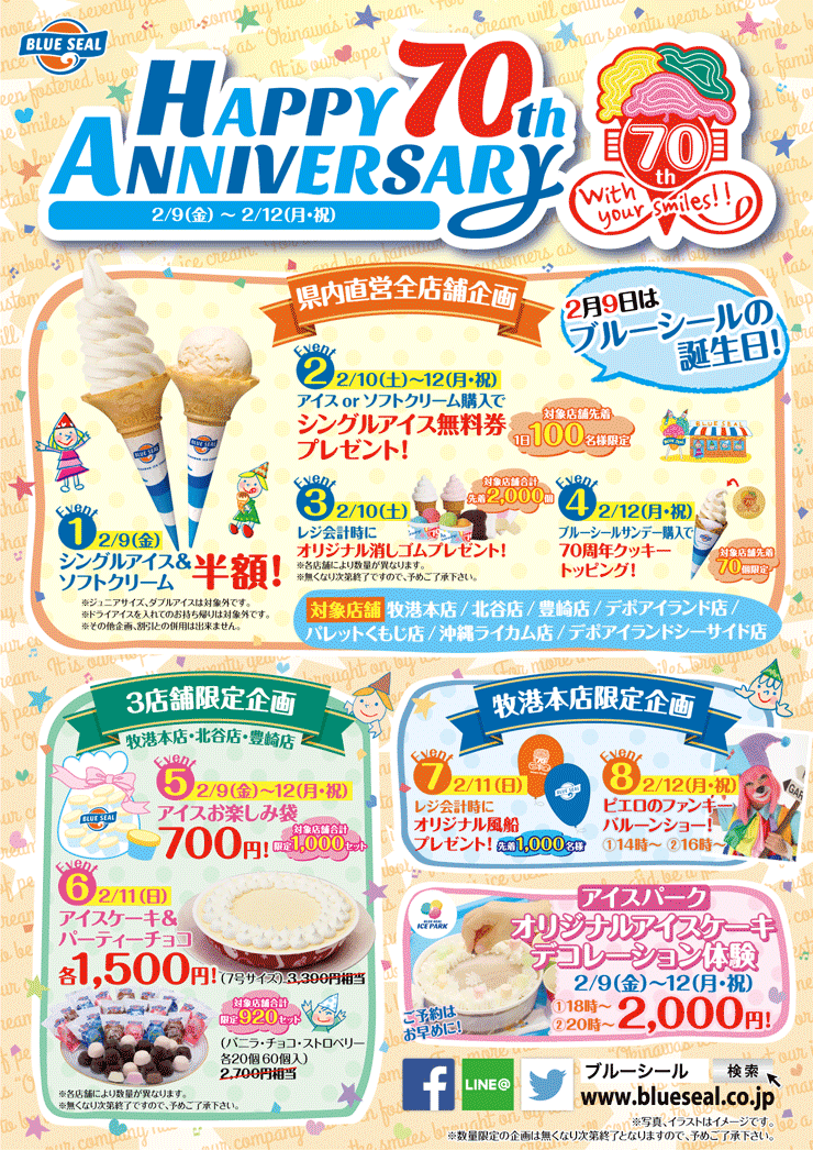 ブルーシール 70周年記念 シングルアイス ソフトクリーム 半額 などなど 18年02月09日 金 より4日間限定 浦添の地域密着型ポータルサイト ビジネス モール うらそえ